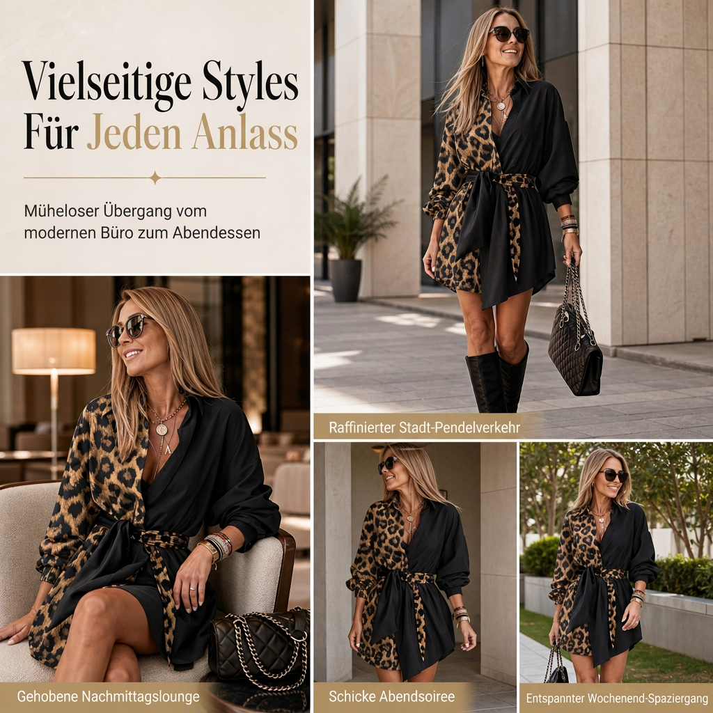 📢📢50%Rabatt!!!🎉✨Damen Leopardenmuster Kontrast-Patchwork Langarmhemd Minikleid mit Gürtel