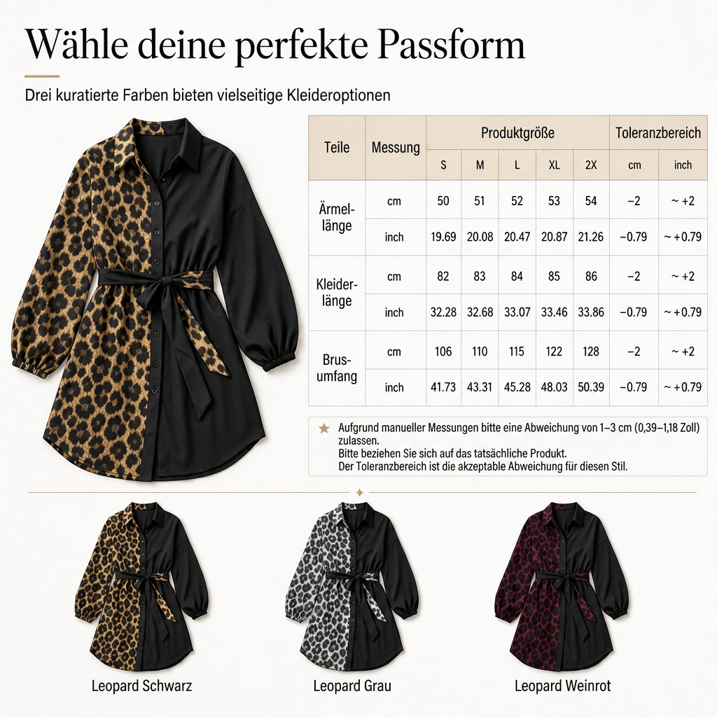 📢📢50%Rabatt!!!🎉✨Damen Leopardenmuster Kontrast-Patchwork Langarmhemd Minikleid mit Gürtel