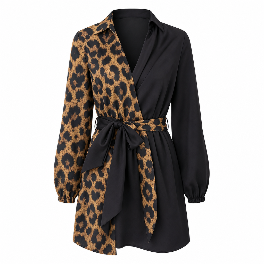 📢📢50%Rabatt!!!🎉✨Damen Leopardenmuster Kontrast-Patchwork Langarmhemd Minikleid mit Gürtel