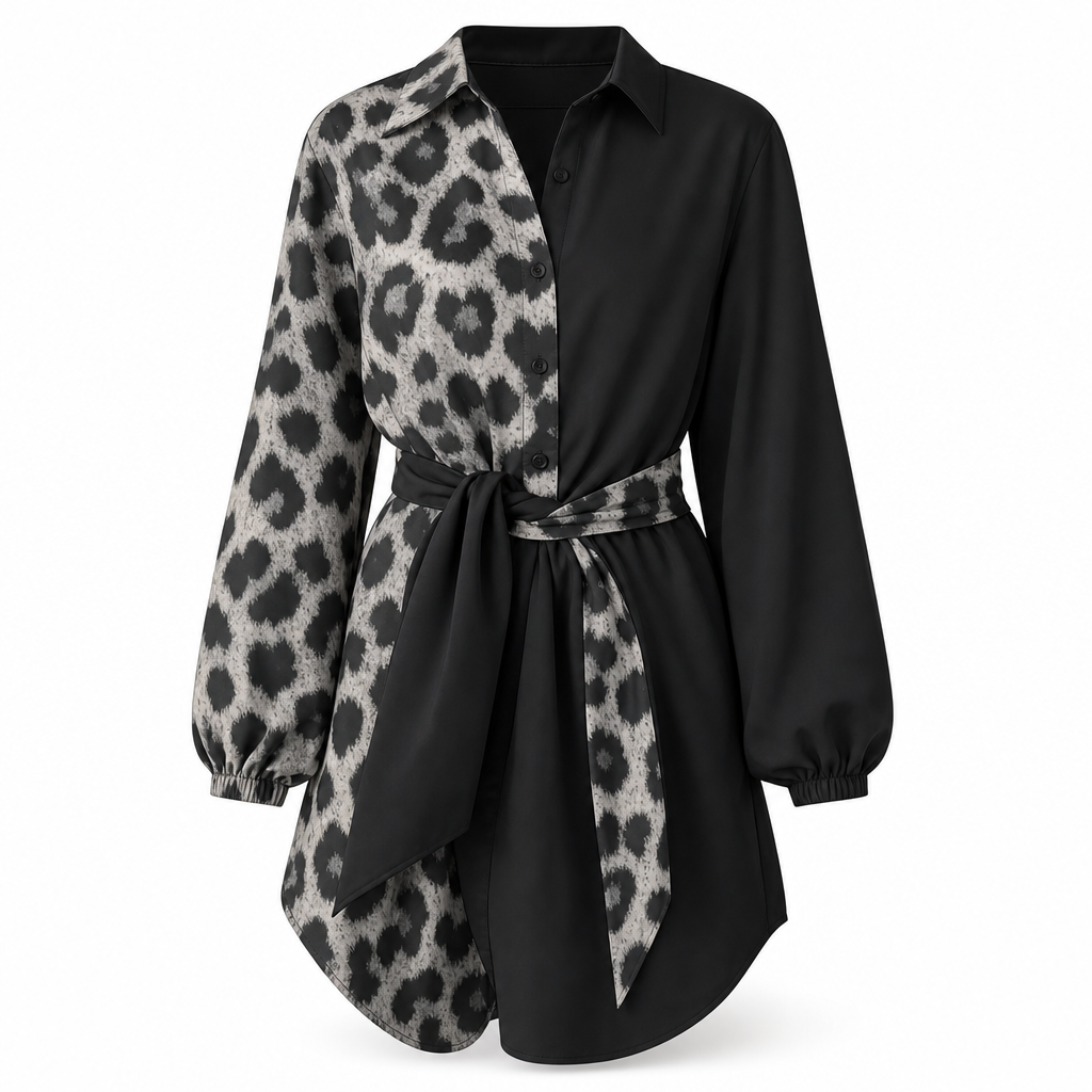 📢📢50%Rabatt!!!🎉✨Damen Leopardenmuster Kontrast-Patchwork Langarmhemd Minikleid mit Gürtel