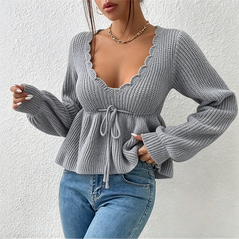 🔥Beliebtes Produkt ！✨Damen Sexy V-Ausschnitt Kragen Zugband Strickpullover