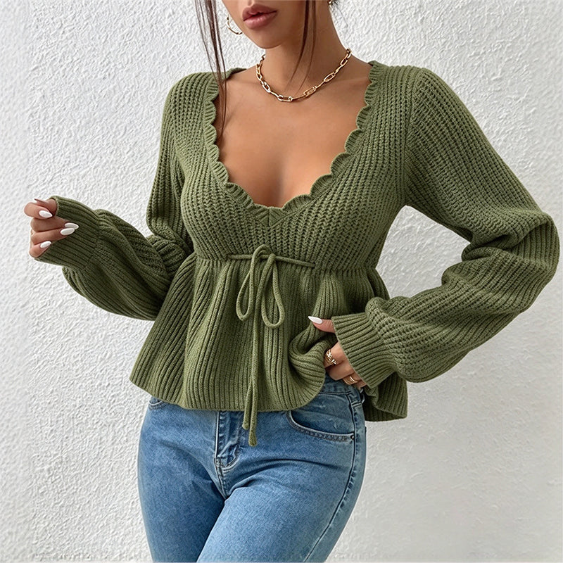 🔥Beliebtes Produkt ！✨Damen Sexy V-Ausschnitt Kragen Zugband Strickpullover