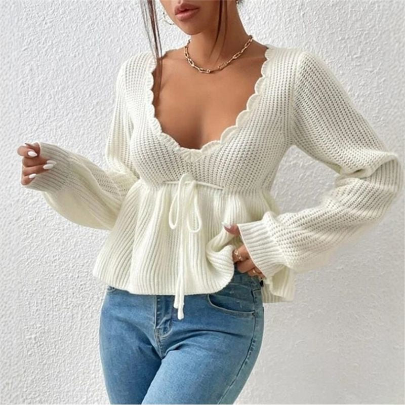 🔥Beliebtes Produkt ！✨Damen Sexy V-Ausschnitt Kragen Zugband Strickpullover