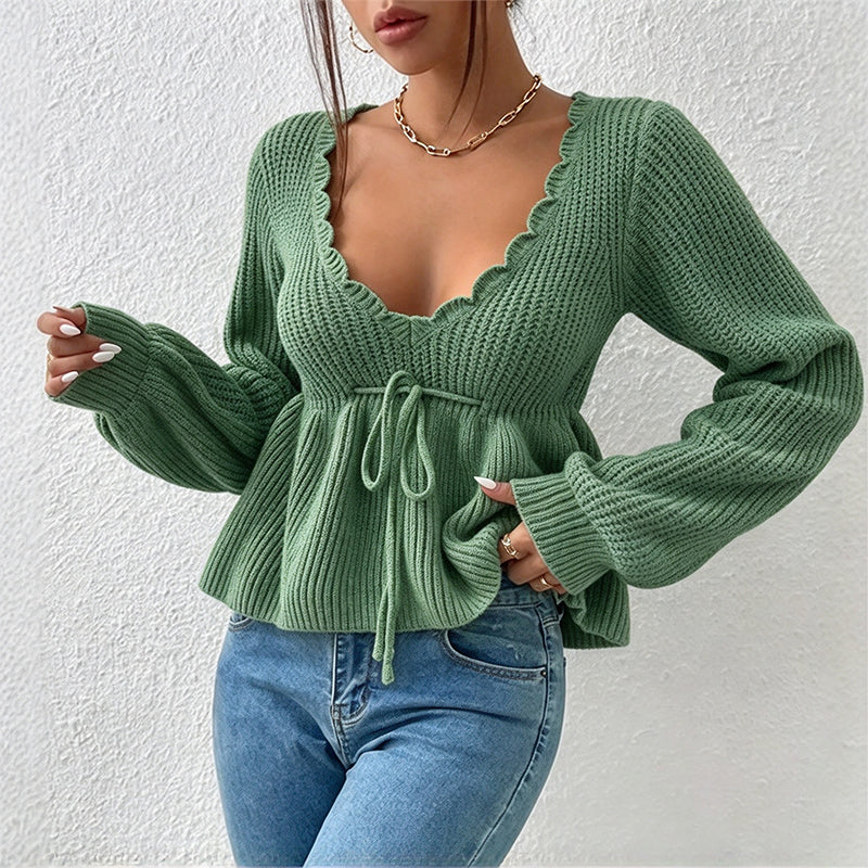 🔥Beliebtes Produkt ！✨Damen Sexy V-Ausschnitt Kragen Zugband Strickpullover