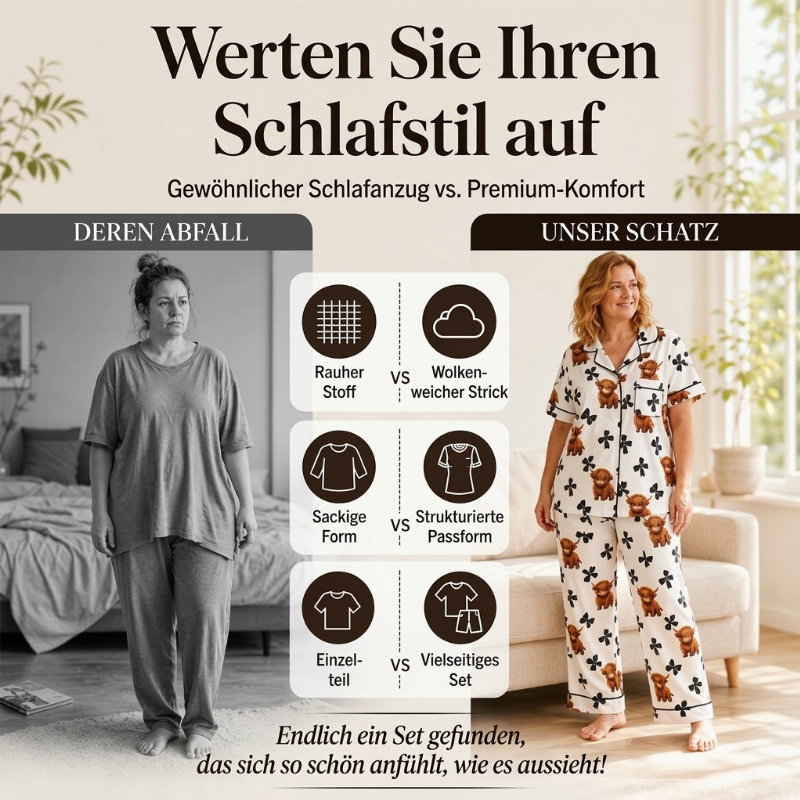 🌟 Der Look, den alle suchen – bei uns 50% günstiger!  Damen 3-teiliges Pyjama-Set mit Hochlandkuh-Print