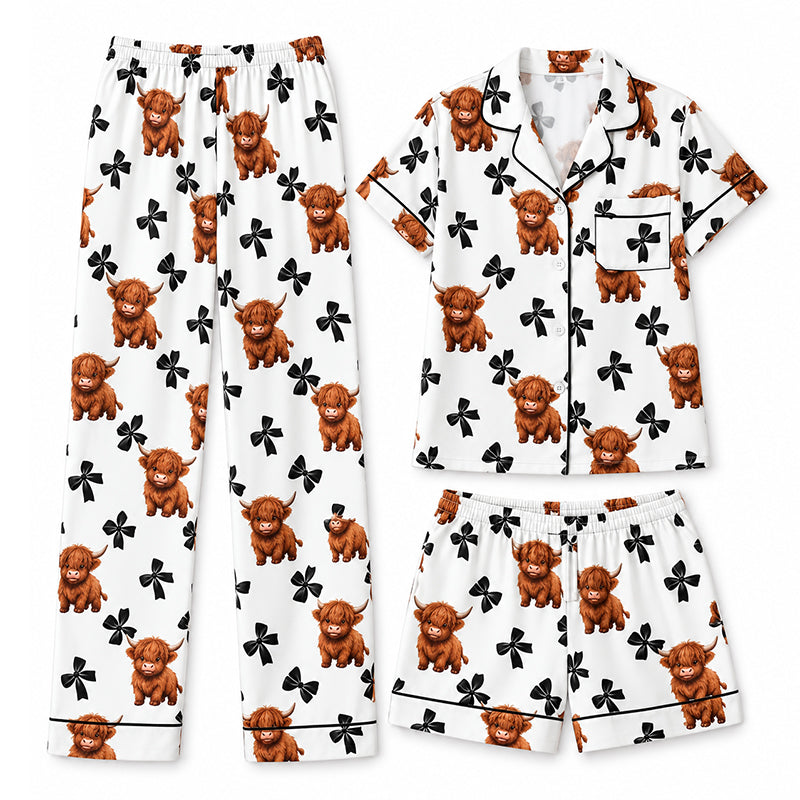 🌟 Der Look, den alle suchen – bei uns 50% günstiger!  Damen 3-teiliges Pyjama-Set mit Hochlandkuh-Print