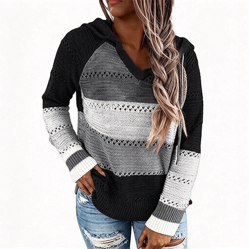 📢🎉50%Rabatt!!!🛍️✨Damen Kapuzen-Strickpullover mit Color-Block-Design und Lochstrick
