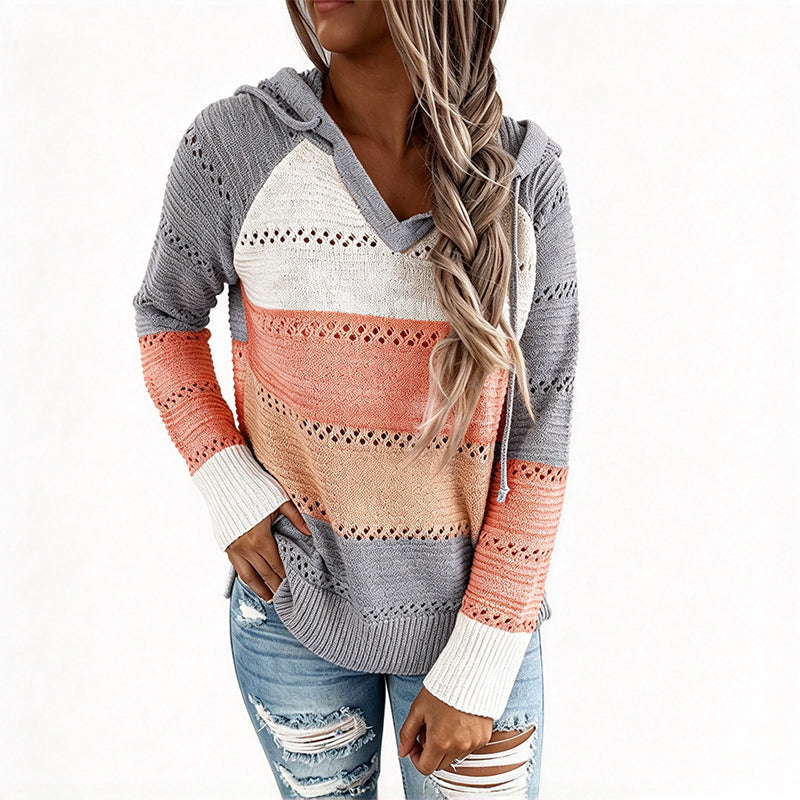📢🎉50%Rabatt!!!🛍️✨Damen Kapuzen-Strickpullover mit Color-Block-Design und Lochstrick