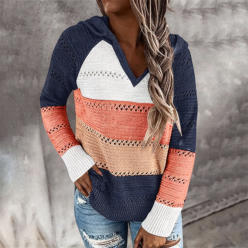 📢🎉50%Rabatt!!!🛍️✨Damen Kapuzen-Strickpullover mit Color-Block-Design und Lochstrick