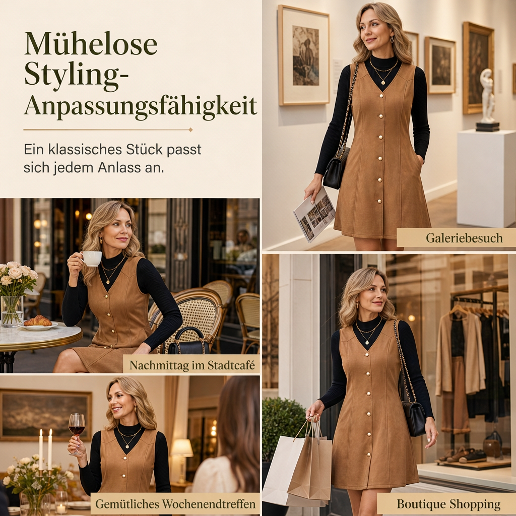 📢🎉50%Rabatt!!!🛍️✨Klassisches Trägerkleid aus Wildledimitat mit V-Ausschnitt und Knopfleiste vorne