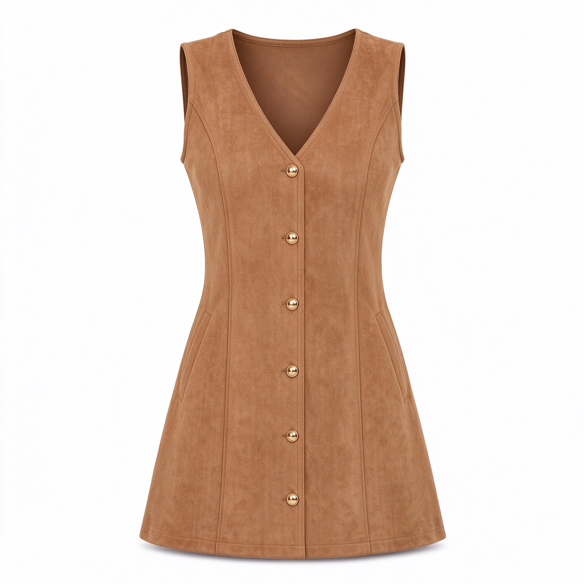 📢🎉50%Rabatt!!!🛍️✨Klassisches Trägerkleid aus Wildledimitat mit V-Ausschnitt und Knopfleiste vorne