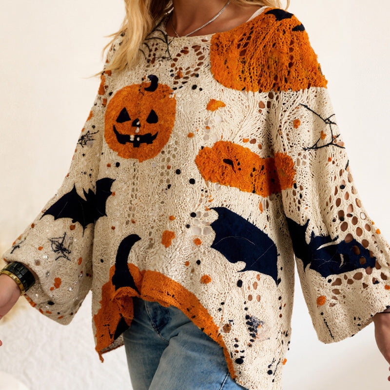 🙌 70% WiederkaufquoteDamen-Halloween-Strickpullover im lockeren Schnitt mit Fledermausärmel