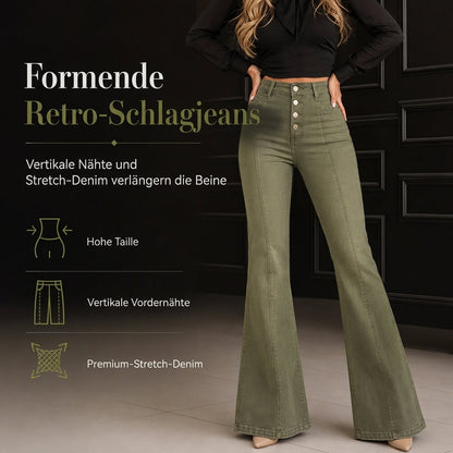 📢📢50%Rabatt!!!🎉✨Olivgrüne High-Waist Schlaghose Jeans für Damen mit mehreren Knöpfen und vertikalen Frontnähten