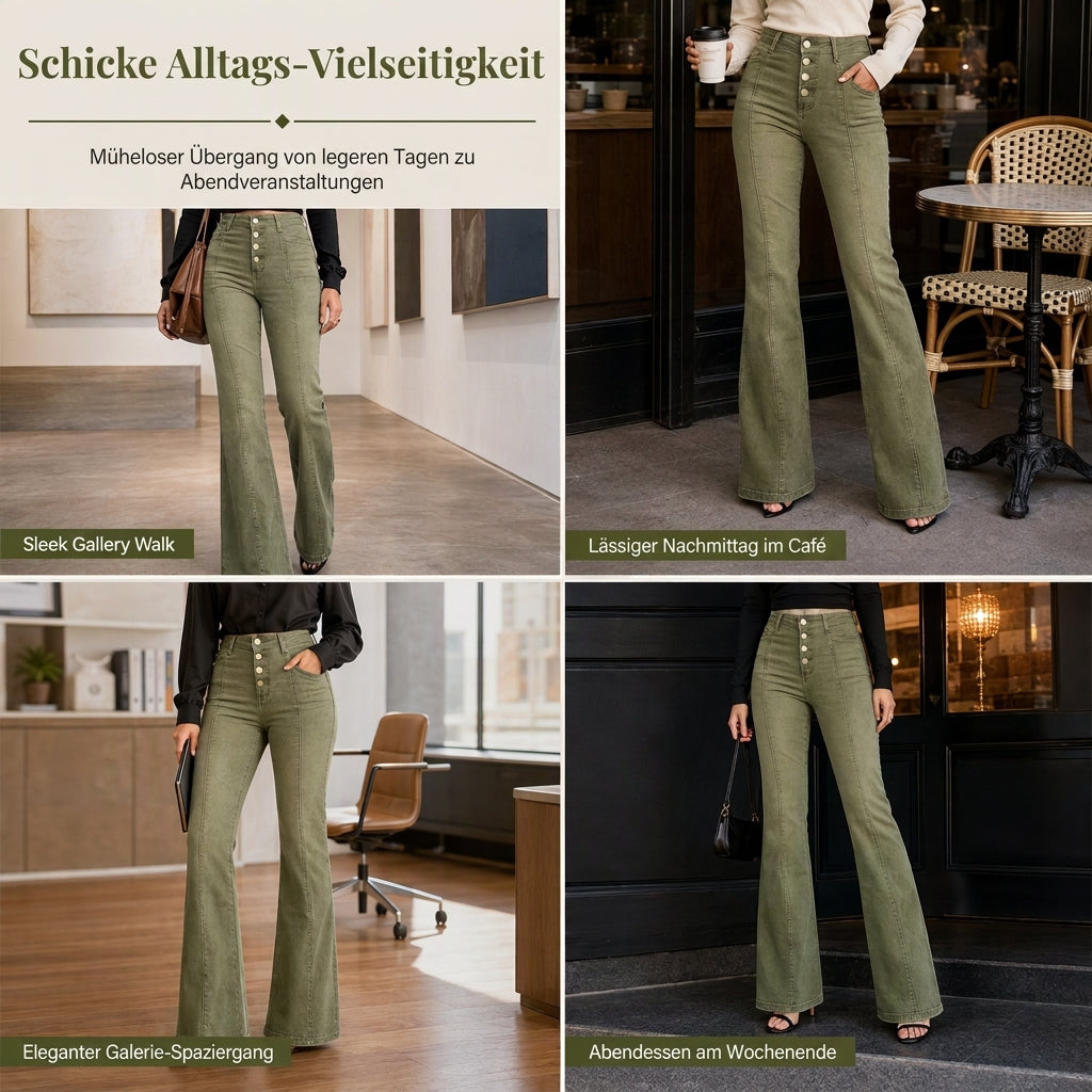 📢📢50%Rabatt!!!🎉✨Olivgrüne High-Waist Schlaghose Jeans für Damen mit mehreren Knöpfen und vertikalen Frontnähten