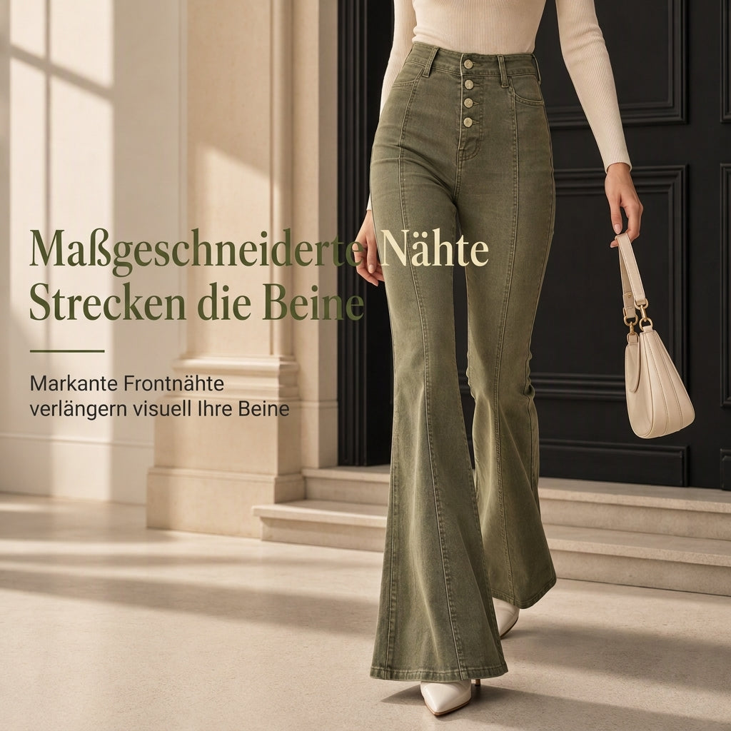 📢📢50%Rabatt!!!🎉✨Olivgrüne High-Waist Schlaghose Jeans für Damen mit mehreren Knöpfen und vertikalen Frontnähten