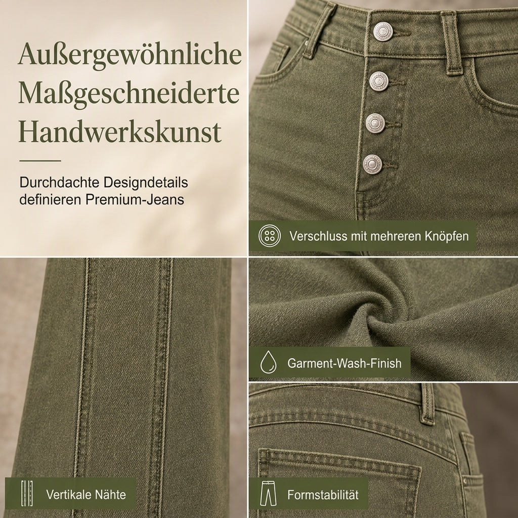 📢📢50%Rabatt!!!🎉✨Olivgrüne High-Waist Schlaghose Jeans für Damen mit mehreren Knöpfen und vertikalen Frontnähten