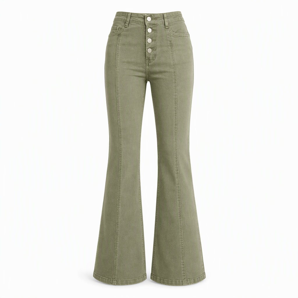 📢📢50%Rabatt!!!🎉✨Olivgrüne High-Waist Schlaghose Jeans für Damen mit mehreren Knöpfen und vertikalen Frontnähten