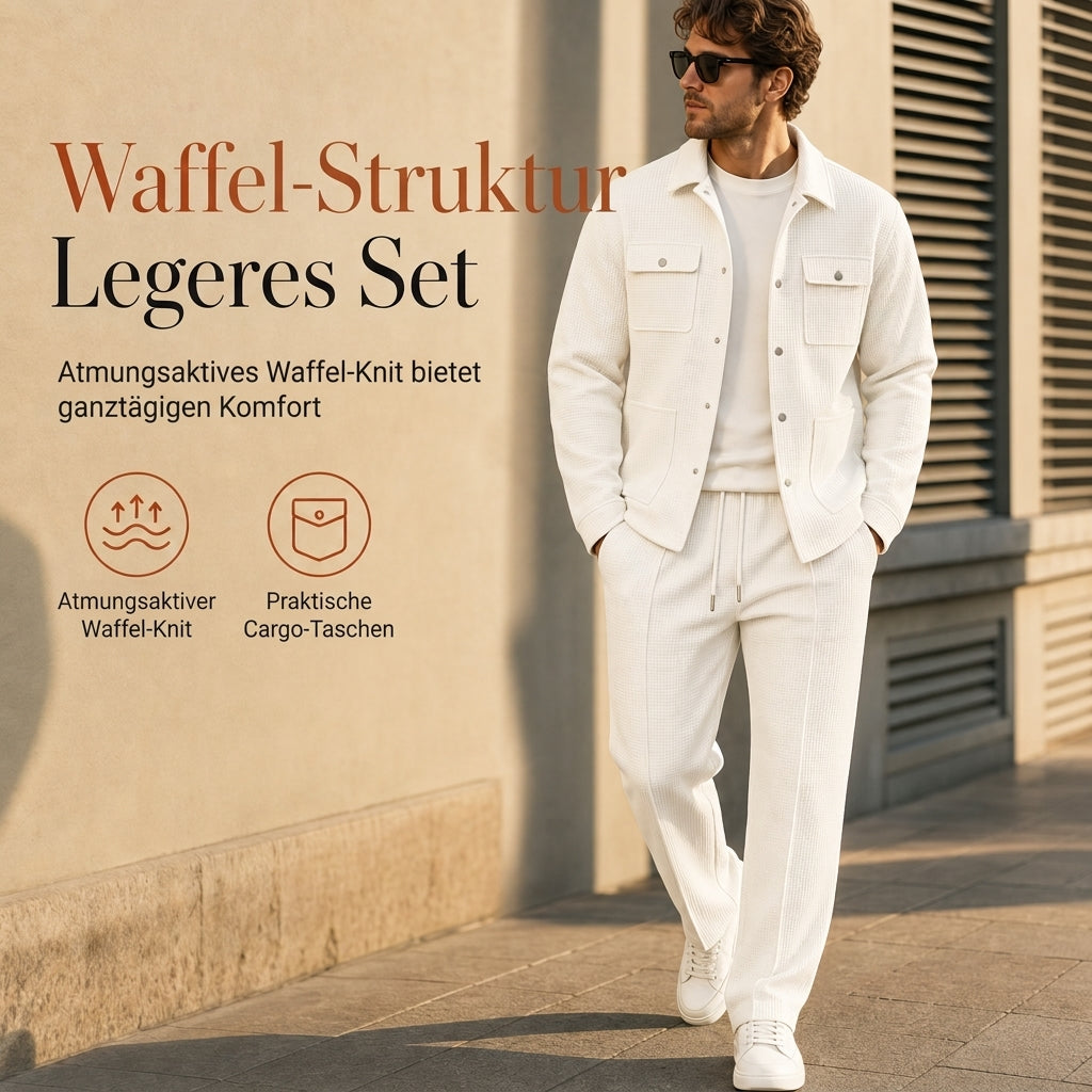 🔥Beliebtes Produkt ！✨Zweiteiliges Set aus legerer Waffelstrickjacke und passender Hose für Herren
