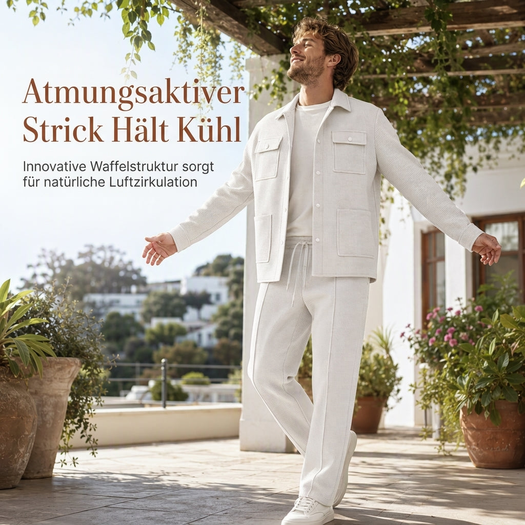 🔥Beliebtes Produkt ！✨Zweiteiliges Set aus legerer Waffelstrickjacke und passender Hose für Herren