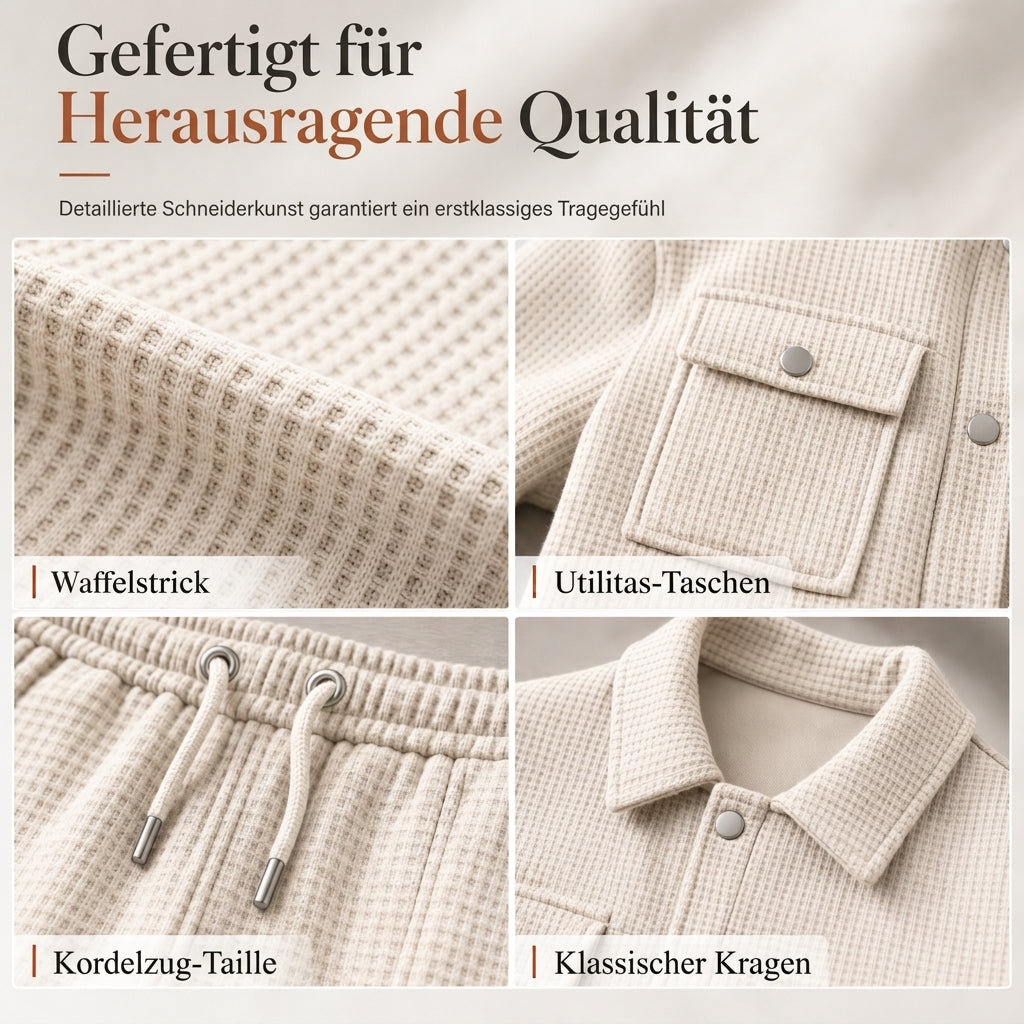 🔥Beliebtes Produkt ！✨Zweiteiliges Set aus legerer Waffelstrickjacke und passender Hose für Herren