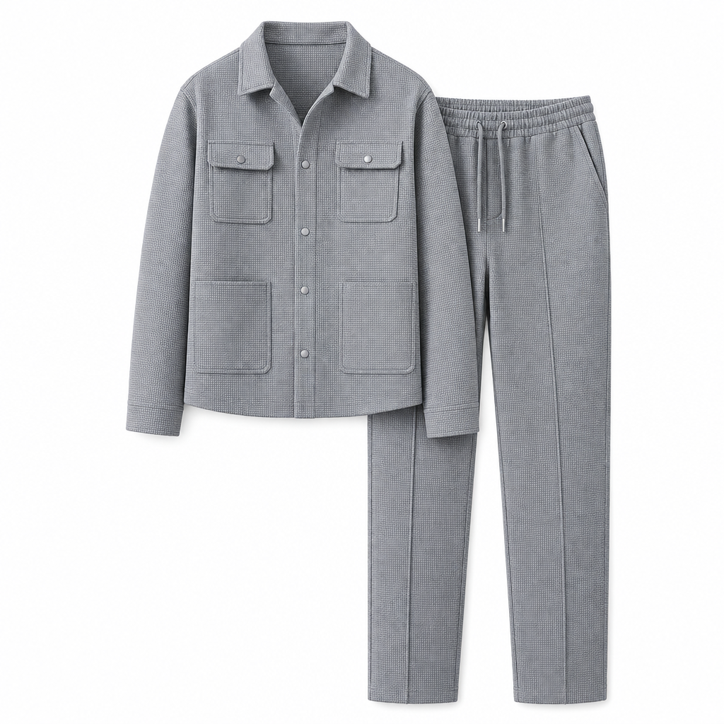 🔥Beliebtes Produkt ！✨Zweiteiliges Set aus legerer Waffelstrickjacke und passender Hose für Herren