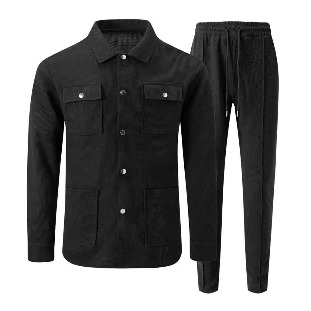 🔥Beliebtes Produkt ！✨Zweiteiliges Set aus legerer Waffelstrickjacke und passender Hose für Herren