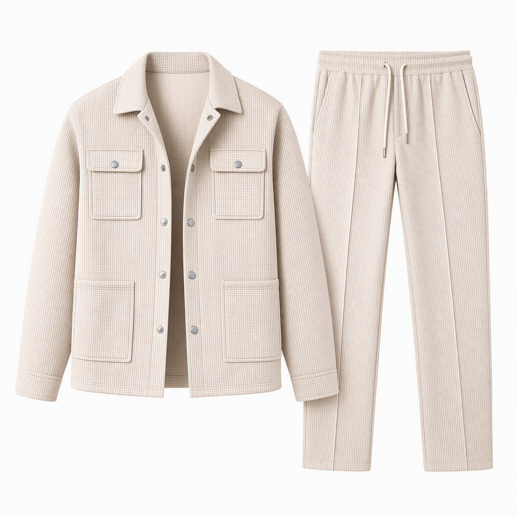 🔥Beliebtes Produkt ！✨Zweiteiliges Set aus legerer Waffelstrickjacke und passender Hose für Herren