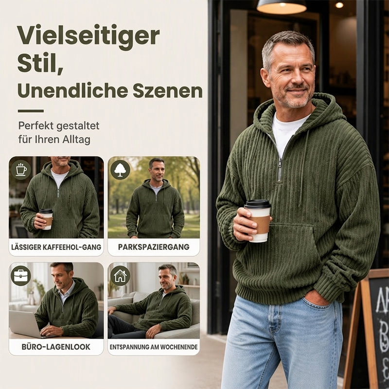 🎁Riesige Rabatte 🎉Herren lässiger Halb-Reißverschluss Cord Kapuzenpullover