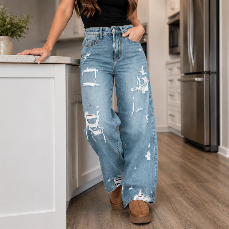 🔥 50% RABATT 👖 Schicke Damen-Jeans mit weitem Bein – Distressed-Look