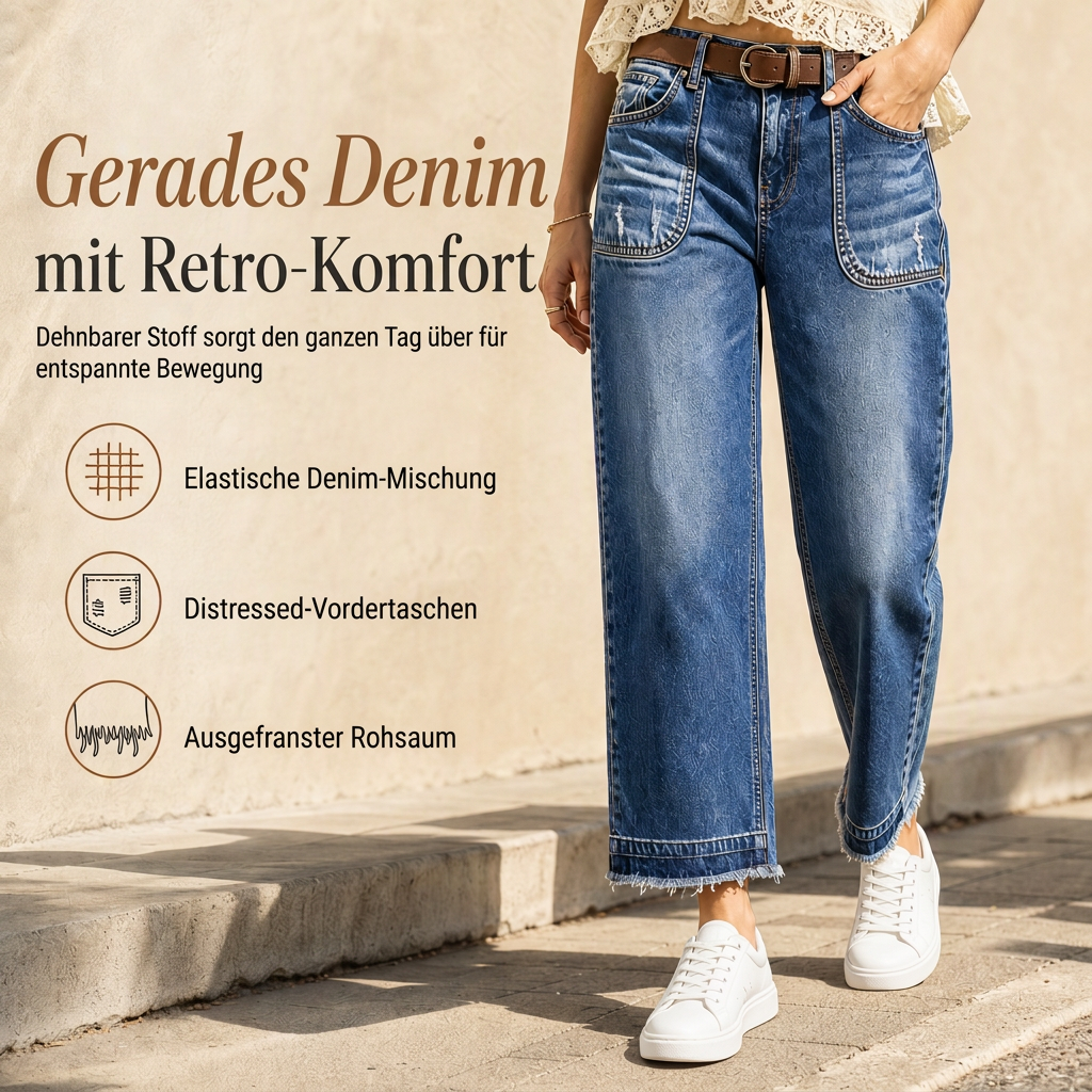 🔥Beliebtes Produkt ！✨Damen Vintage dehnbare Straight-Leg Jeans mit distresseierten aufgesetzten Taschen und ausgefranstem Saum