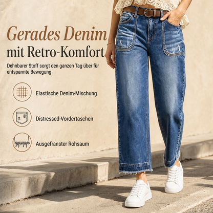 🔥Beliebtes Produkt ！✨Damen Vintage dehnbare Straight-Leg Jeans mit distresseierten aufgesetzten Taschen und ausgefranstem Saum