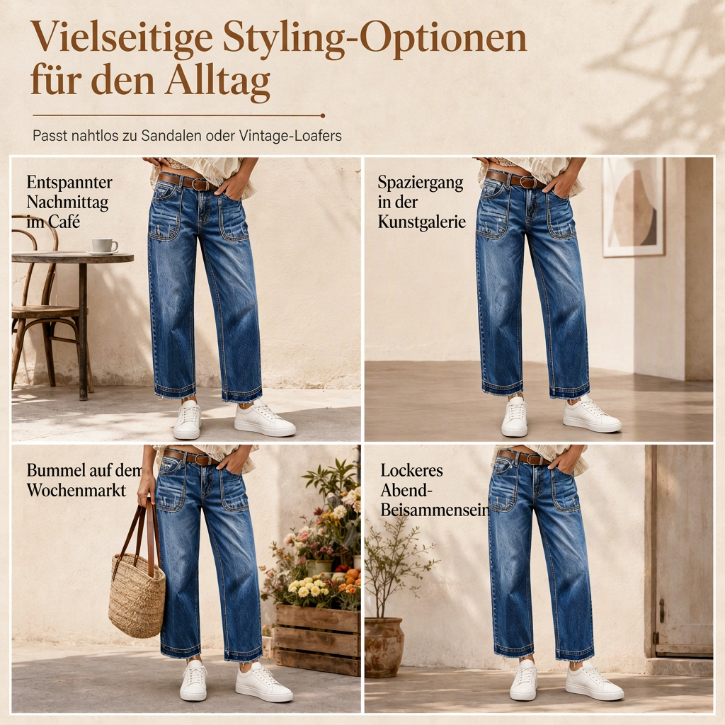 🔥Beliebtes Produkt ！✨Damen Vintage dehnbare Straight-Leg Jeans mit distresseierten aufgesetzten Taschen und ausgefranstem Saum