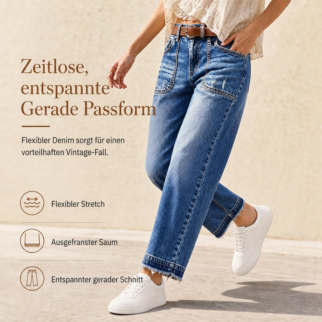 🔥Beliebtes Produkt ！✨Damen Vintage dehnbare Straight-Leg Jeans mit distresseierten aufgesetzten Taschen und ausgefranstem Saum