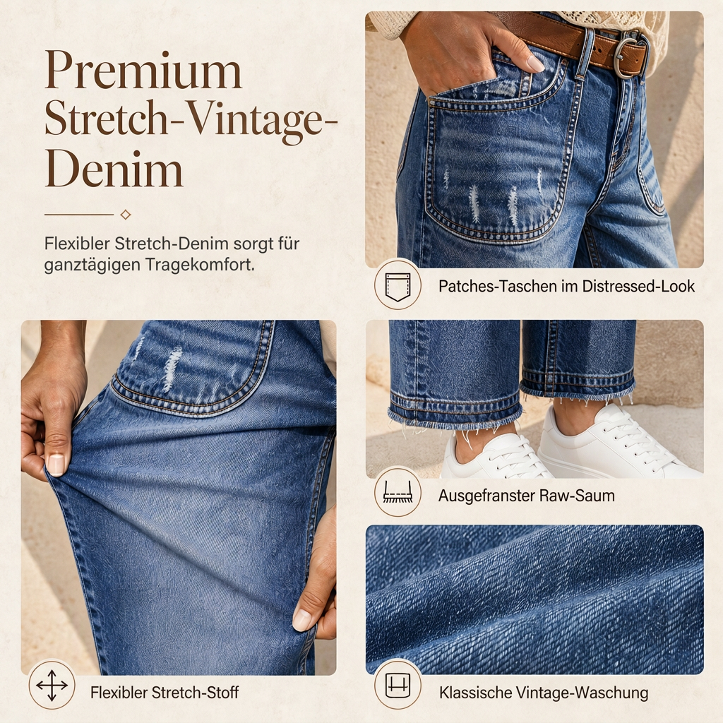 🔥Beliebtes Produkt ！✨Damen Vintage dehnbare Straight-Leg Jeans mit distresseierten aufgesetzten Taschen und ausgefranstem Saum