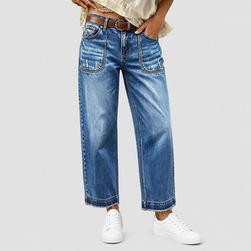 🔥Beliebtes Produkt ！✨Damen Vintage dehnbare Straight-Leg Jeans mit distresseierten aufgesetzten Taschen und ausgefranstem Saum