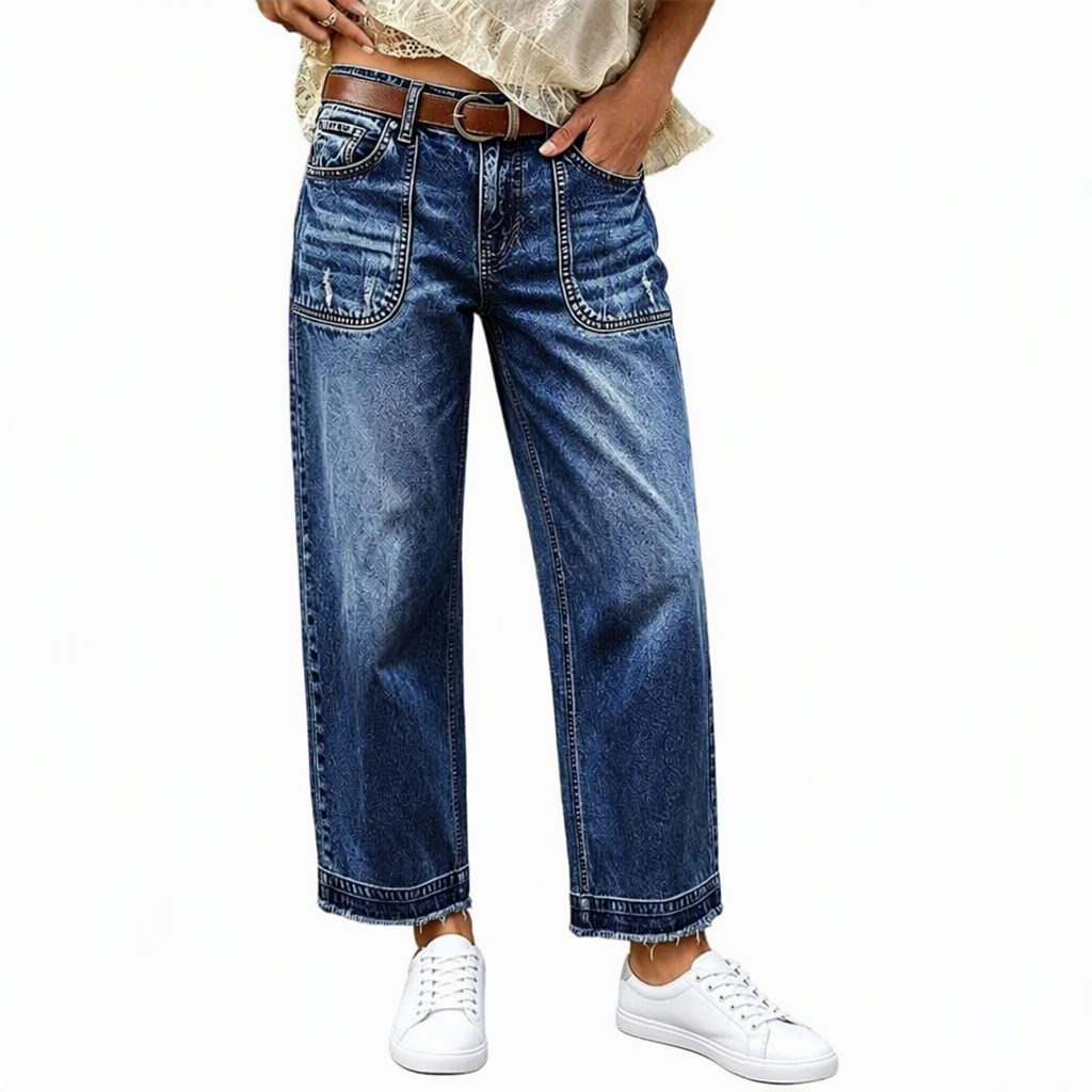 🔥Beliebtes Produkt ！✨Damen Vintage dehnbare Straight-Leg Jeans mit distresseierten aufgesetzten Taschen und ausgefranstem Saum