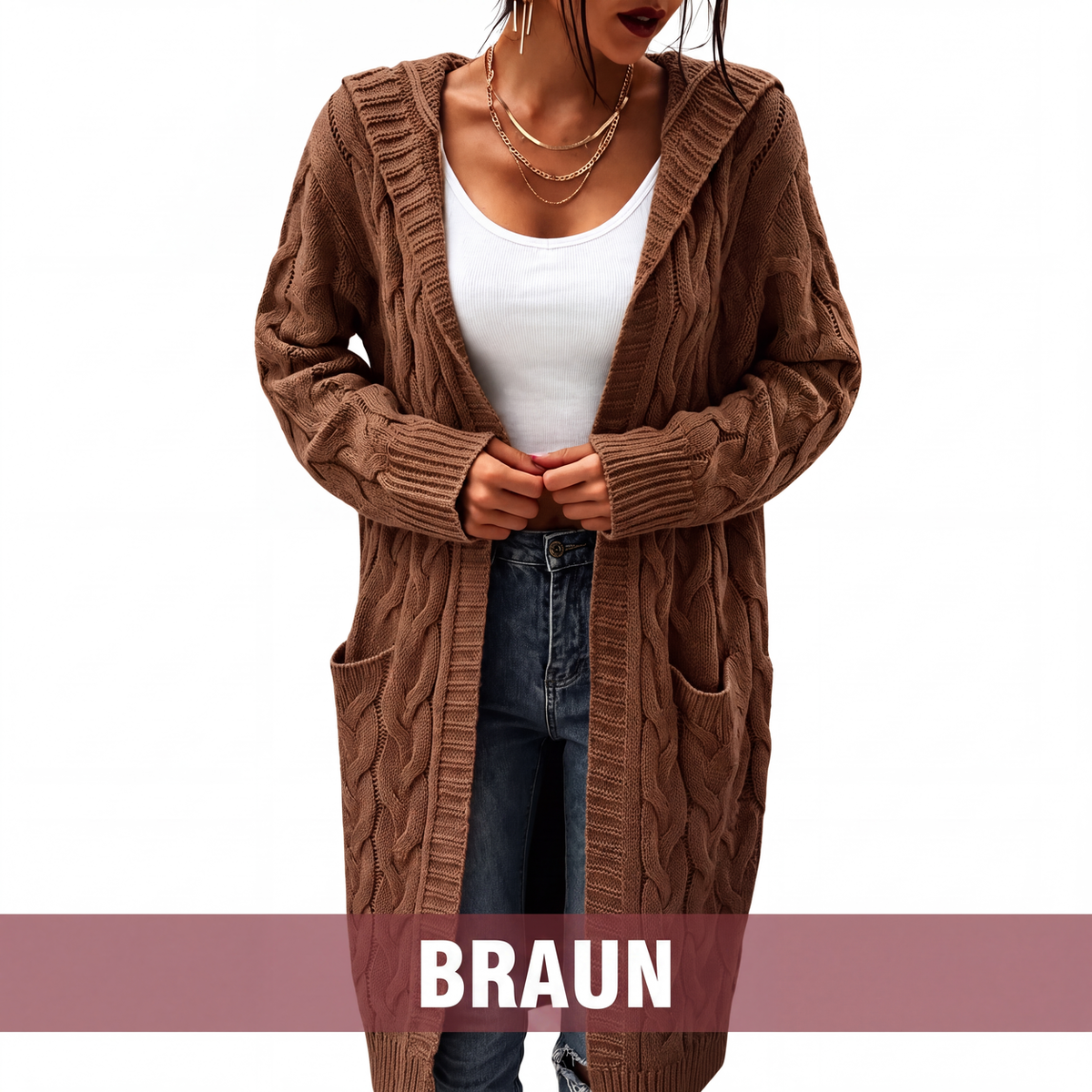 🎁✨Begrenzter Vorrat verfügbar, nicht verpassen!🔥🔥Lange Strick-Cardigan mit Kapuze und Taschen für Damen