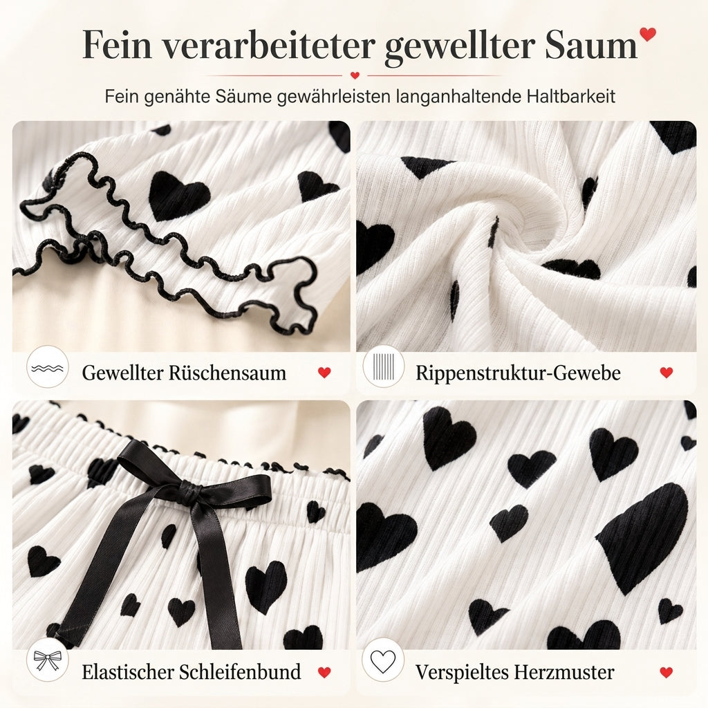 🔥Beliebtes Produkt ！✨Damen 2-Teilig Geripptes Pyjama-Set Mit Herzdruck Trägertop Und Langen Hosen Loungewear