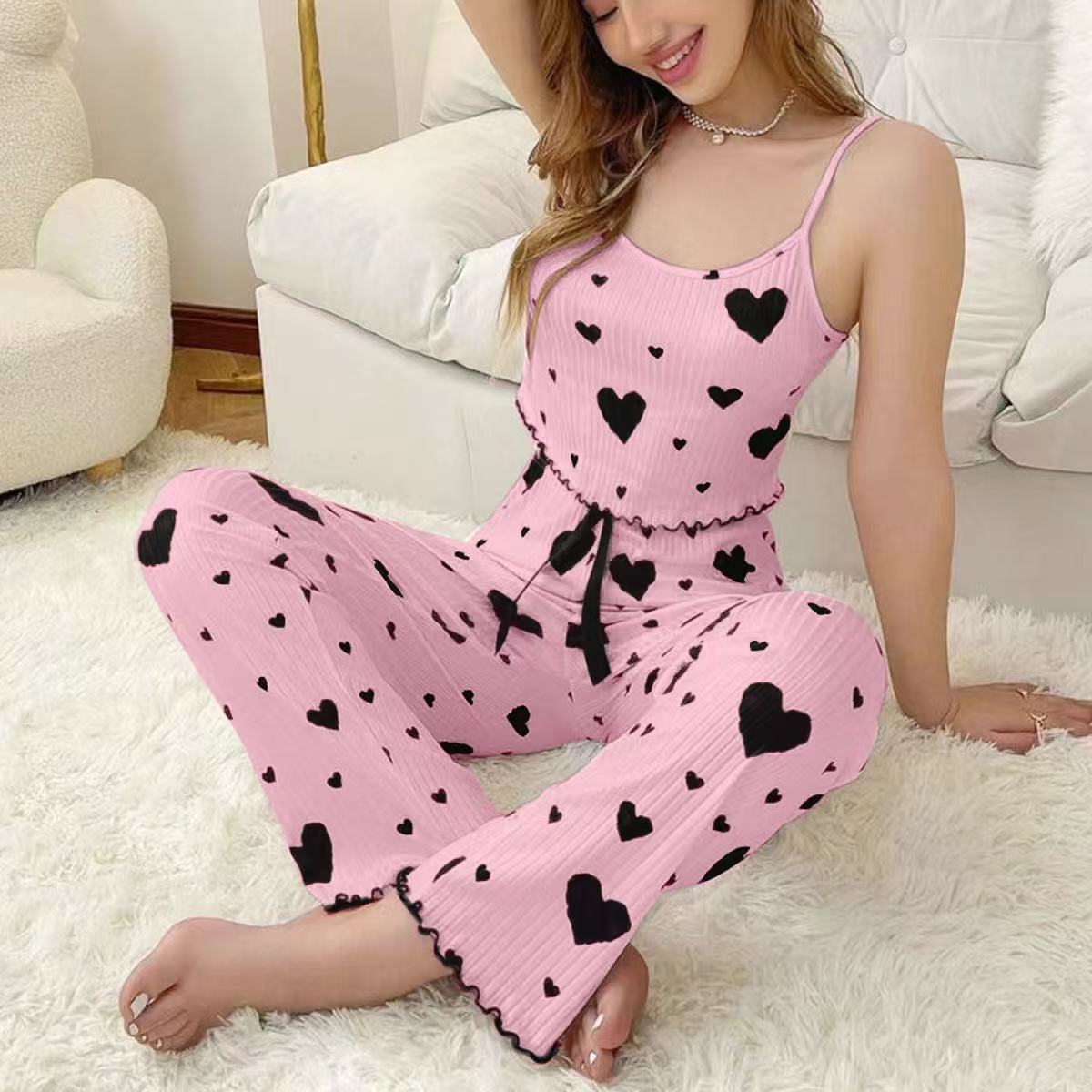 🔥Beliebtes Produkt ！✨Damen 2-Teilig Geripptes Pyjama-Set Mit Herzdruck Trägertop Und Langen Hosen Loungewear