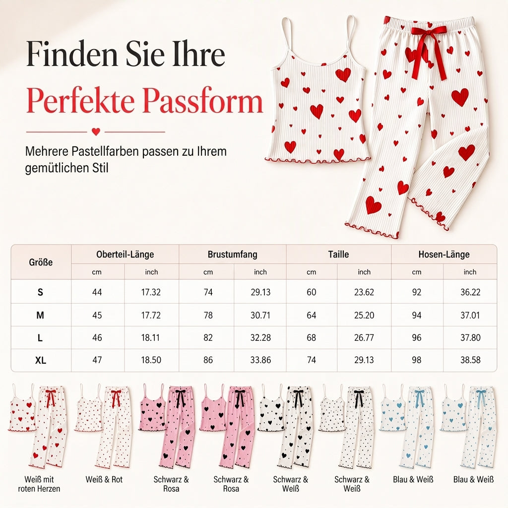 🔥Beliebtes Produkt ！✨Damen 2-Teilig Geripptes Pyjama-Set Mit Herzdruck Trägertop Und Langen Hosen Loungewear