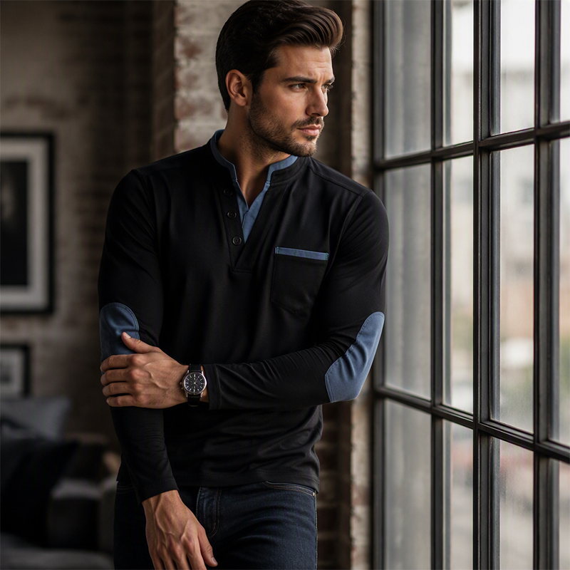 🔥 50% RABATT 👕 Herren Langarmshirt mit Stehkragen – lässiger Patchwork-Look