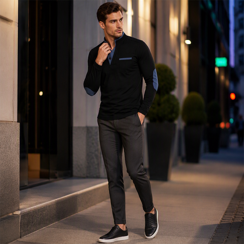 🔥 50% RABATT 👕 Herren Langarmshirt mit Stehkragen – lässiger Patchwork-Look