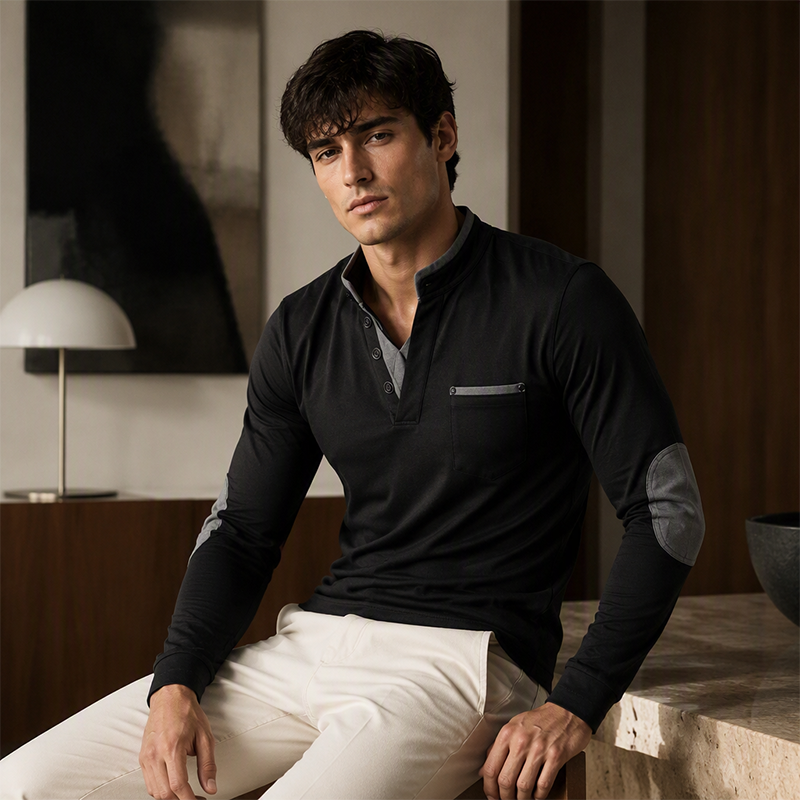 🔥 50% RABATT 👕 Herren Langarmshirt mit Stehkragen – lässiger Patchwork-Look