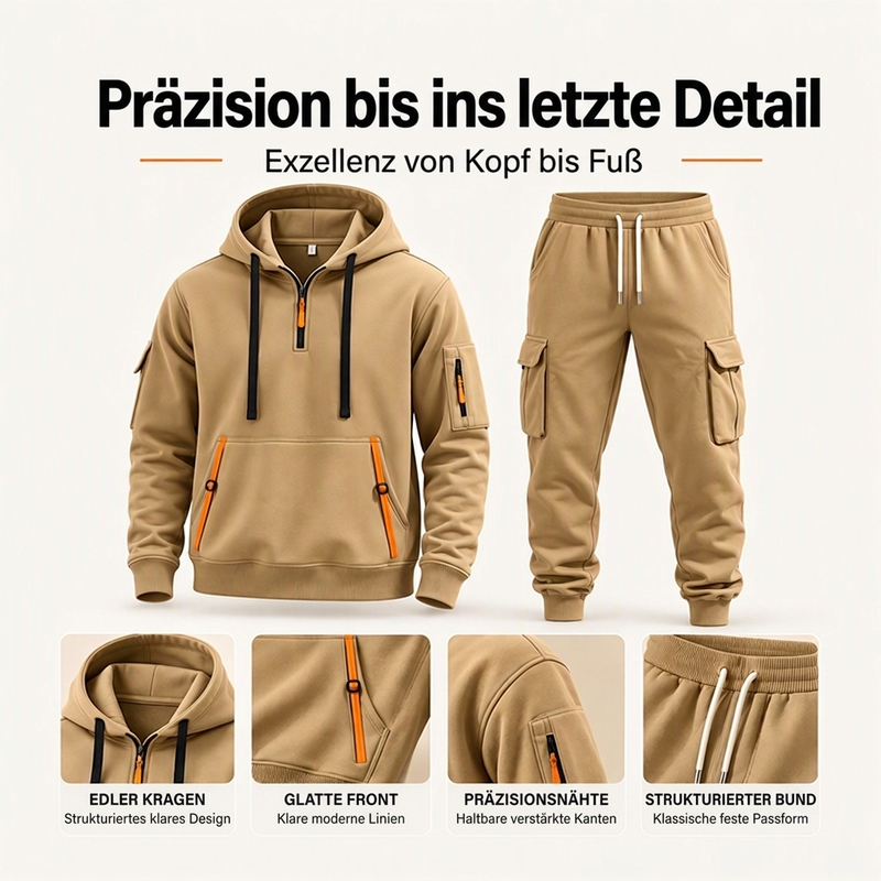 🔥Kostenloser Versand🔥 Warmes Herren-Halbzip-Kapuzenpullover- und Cargohosen-Set