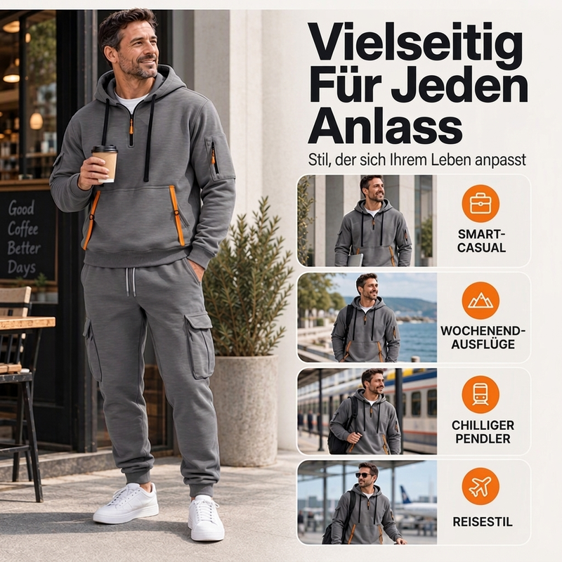 🔥Kostenloser Versand🔥 Warmes Herren-Halbzip-Kapuzenpullover- und Cargohosen-Set