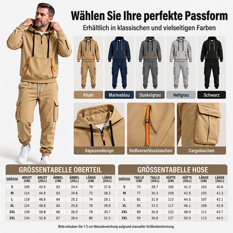 🔥Kostenloser Versand🔥 Warmes Herren-Halbzip-Kapuzenpullover- und Cargohosen-Set