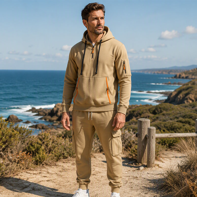 🔥Kostenloser Versand🔥 Warmes Herren-Halbzip-Kapuzenpullover- und Cargohosen-Set