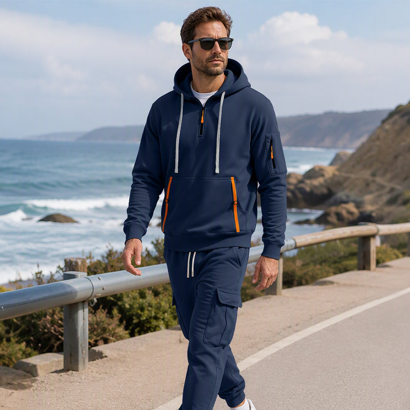 🔥Kostenloser Versand🔥 Warmes Herren-Halbzip-Kapuzenpullover- und Cargohosen-Set