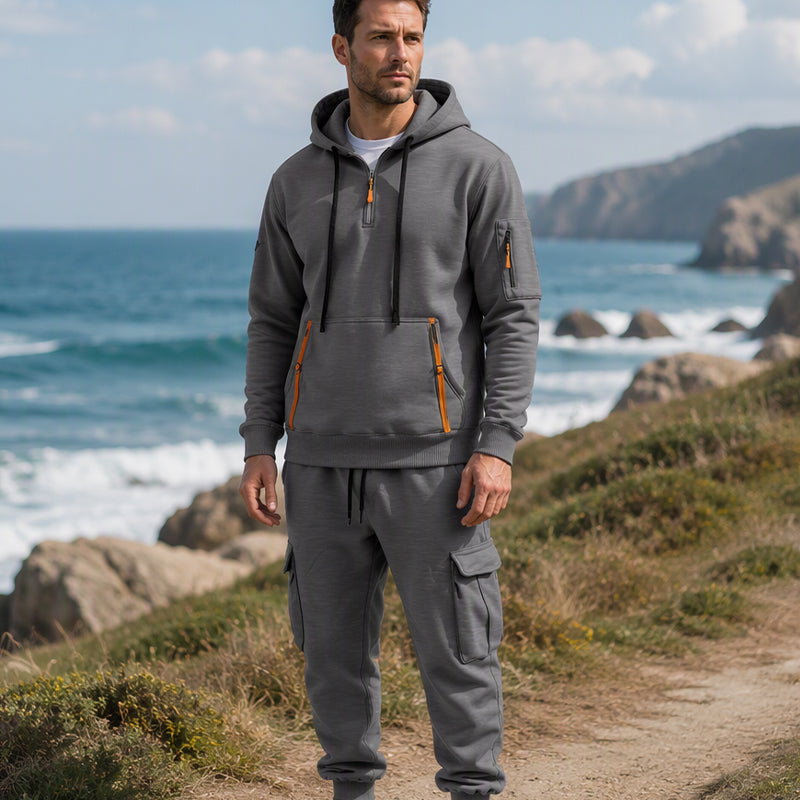 🔥Kostenloser Versand🔥 Warmes Herren-Halbzip-Kapuzenpullover- und Cargohosen-Set