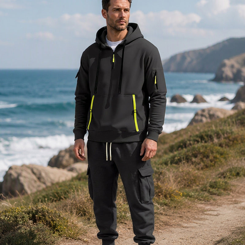 🔥Kostenloser Versand🔥 Warmes Herren-Halbzip-Kapuzenpullover- und Cargohosen-Set